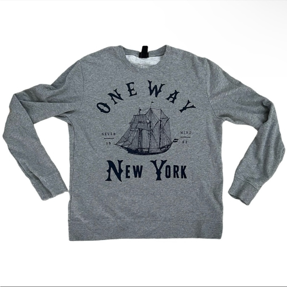 Gray Oversized Nautical One Way New York Crewneck Sweatshirt Size Large